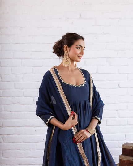 Vichitra Silk Anarkali Gown Set | Beads Work, Full Sleeves & Dupatta | Ready to Wear - Rosepetals Luxe