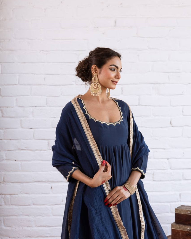 Vichitra Silk Anarkali Gown Set | Beads Work, Full Sleeves & Dupatta | Ready to Wear - Rosepetals Luxe