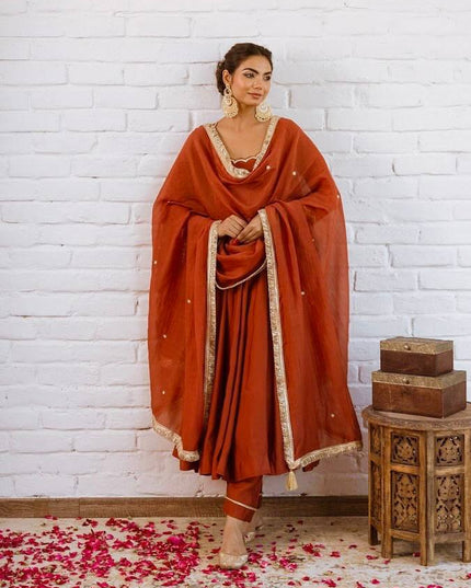 Vichitra Silk Anarkali Gown Set | Beads Work, Full Sleeves & Dupatta | Ready to Wear - Rosepetals Luxe
