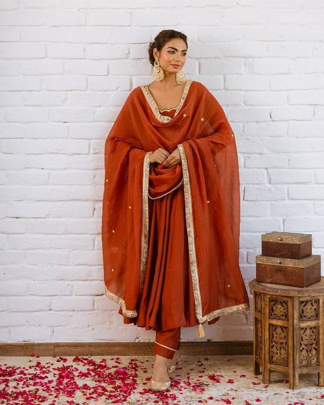 Vichitra Silk Anarkali Gown Set | Beads Work, Full Sleeves & Dupatta | Ready to Wear - Rosepetals Luxe