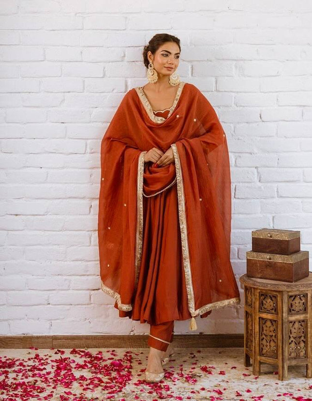 Vichitra Silk Anarkali Gown Set | Beads Work, Full Sleeves & Dupatta | Ready to Wear - Rosepetals Luxe