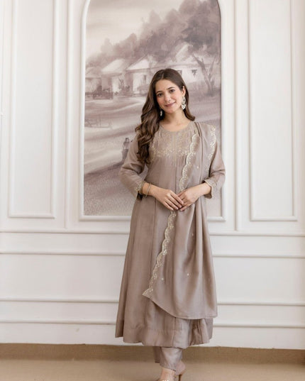 Vichitra Silk Anarkali Kurti Set | Embroidery Work | Pant & Dupatta | Full Inner - Rosepetals Luxe