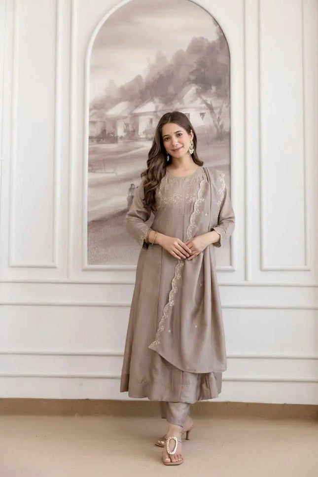 Vichitra Silk Anarkali Kurti Set | Embroidery Work | Pant & Dupatta | Full Inner - Rosepetals Luxe