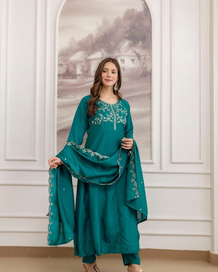 Vichitra Silk Anarkali Kurti Set | Embroidery Work | Pant & Dupatta | Full Inner - Rosepetals Luxe
