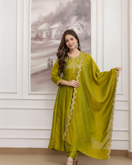 Vichitra Silk Anarkali Kurti Set | Embroidery Work | Pant & Dupatta | Full Inner - Rosepetals Luxe