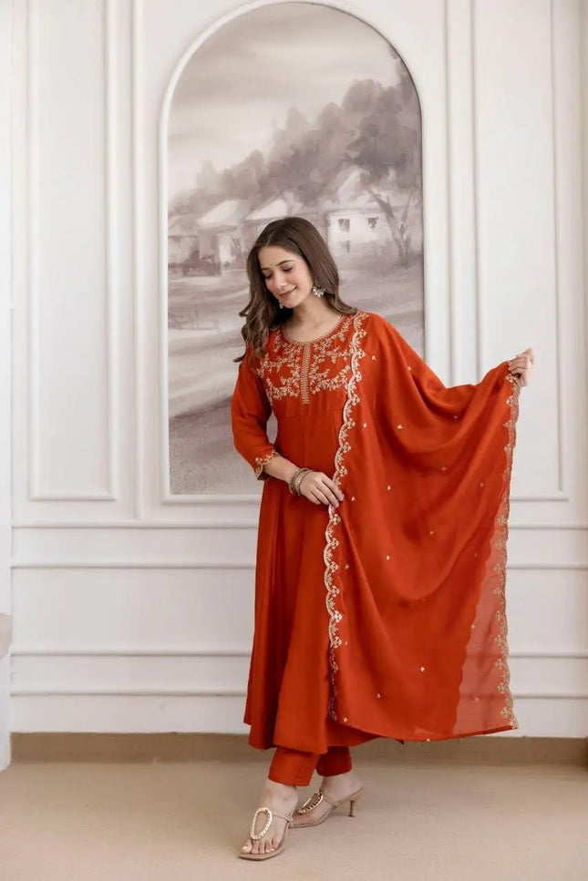 Vichitra Silk Anarkali Kurti Set | Embroidery Work | Pant & Dupatta | Full Inner - Rosepetals Luxe