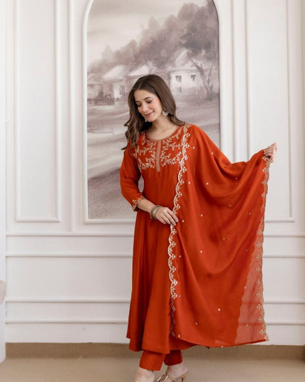 Vichitra Silk Anarkali Kurti Set | Embroidery Work | Pant & Dupatta | Full Inner - Rosepetals Luxe