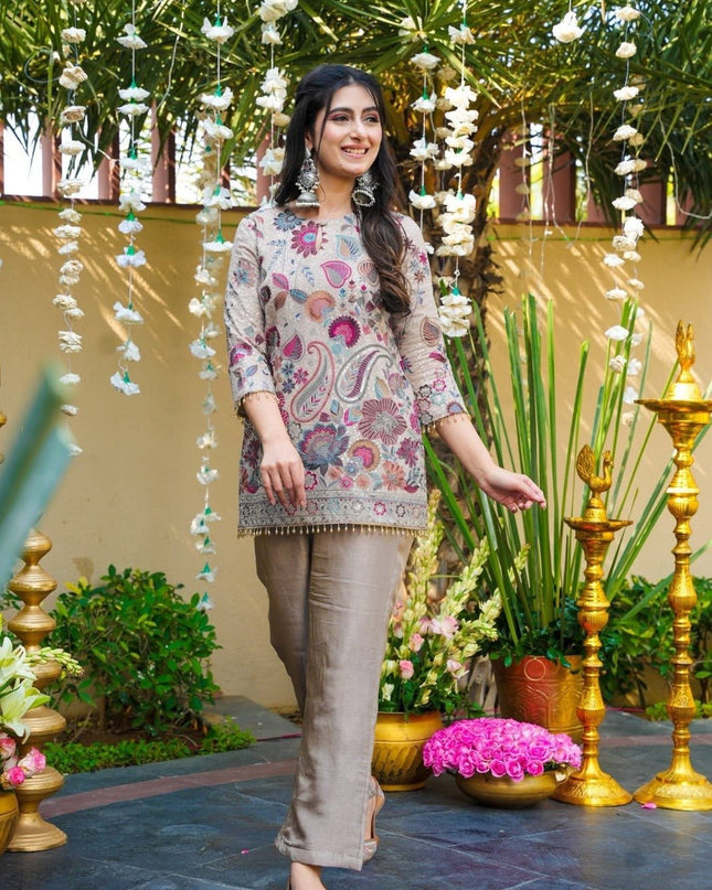 Vichitra Silk Co-ord Set | Heavy Sequins Embroidery | Keyhole Neck & Latkans - Rosepetals Luxe