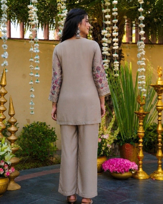 Vichitra Silk Co-ord Set | Heavy Sequins Embroidery | Keyhole Neck & Latkans - Rosepetals Luxe