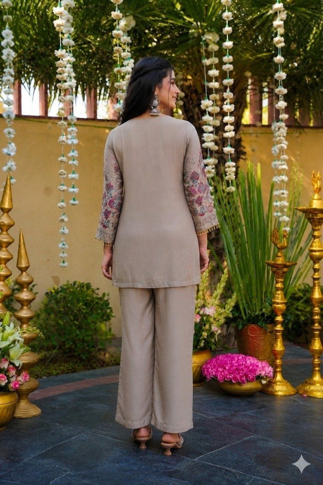 Vichitra Silk Co-ord Set | Heavy Sequins Embroidery | Keyhole Neck & Latkans - Rosepetals Luxe