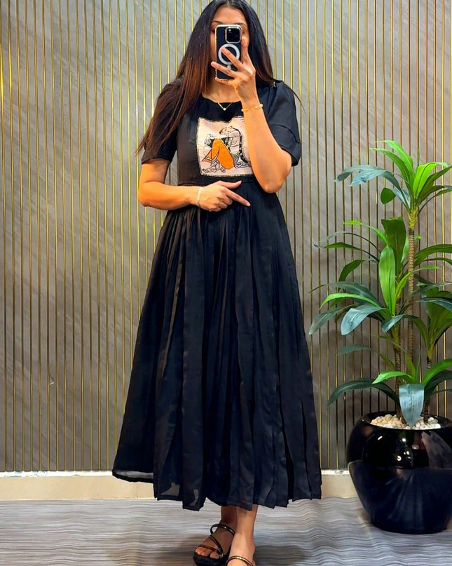 Vichitra Silk Maggam Hand Work Gown | Festive & Wedding Wear - Rosepetals Luxe