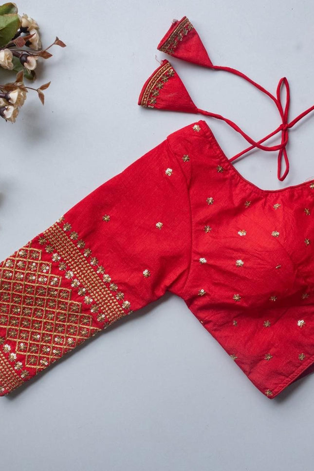Vichitra Silk Readymade Blouse with Zari Sequin Embroidery | V - Neck - Rosepetals Luxe