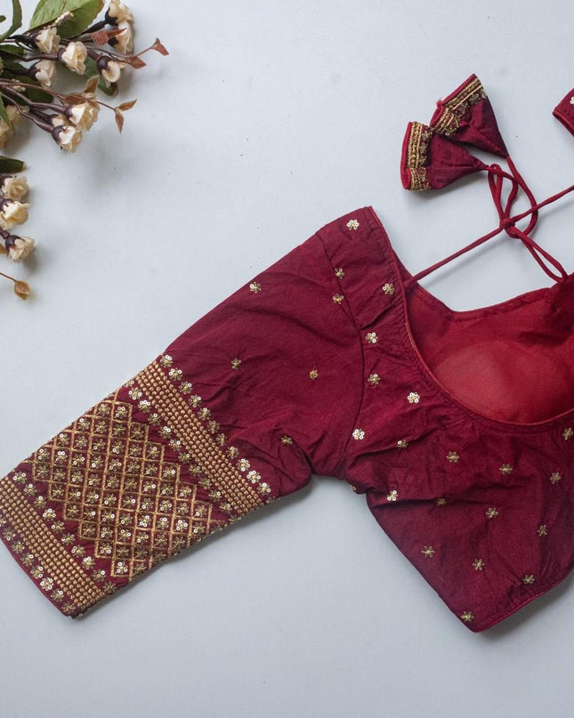 Vichitra Silk Readymade Blouse with Zari Sequin Embroidery | V - Neck - Rosepetals Luxe