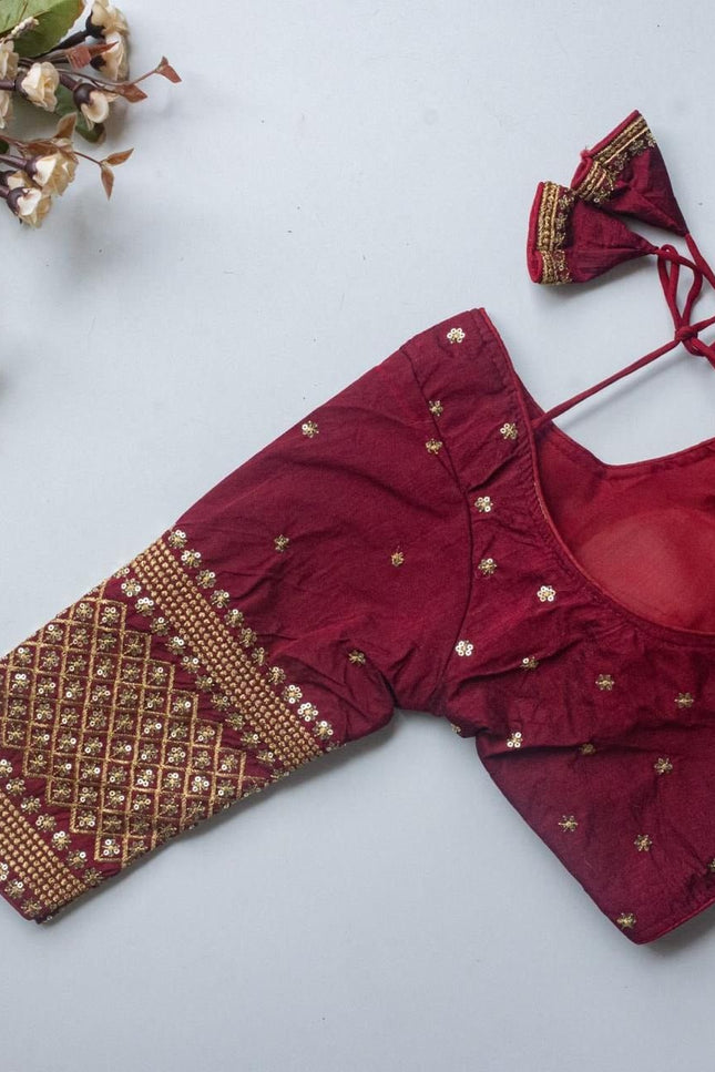 Vichitra Silk Readymade Blouse with Zari Sequin Embroidery | V - Neck - Rosepetals Luxe
