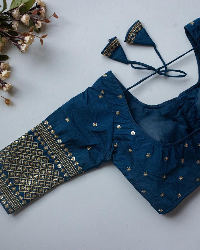 Vichitra Silk Readymade Blouse with Zari Sequin Embroidery | V - Neck - Rosepetals Luxe