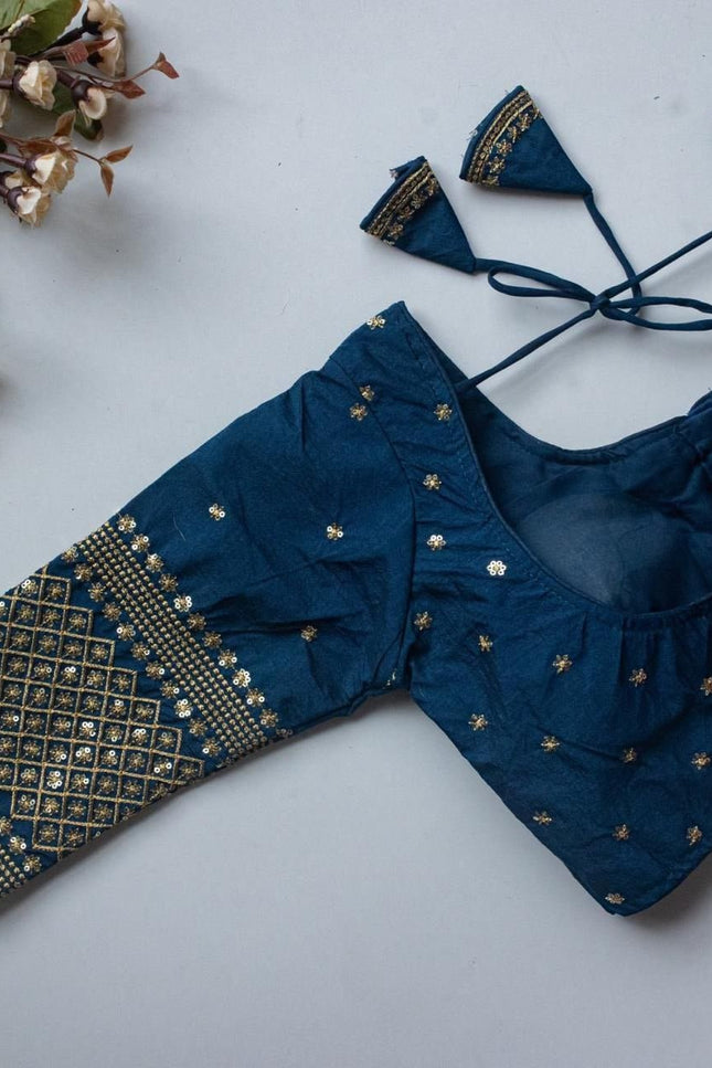Vichitra Silk Readymade Blouse with Zari Sequin Embroidery | V - Neck - Rosepetals Luxe