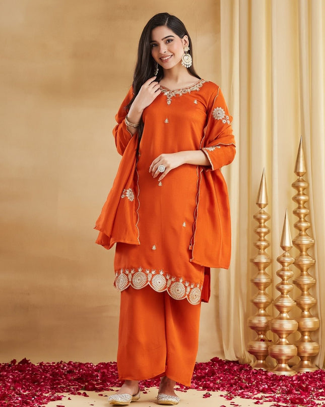 Vichitra Silk Top, Bottom & Dupatta Set - Rosepetals Luxe
