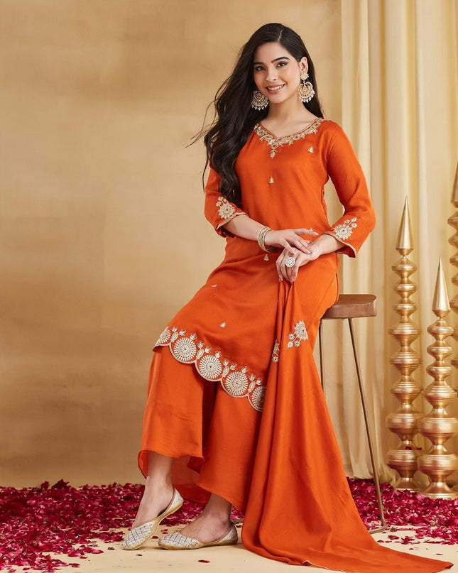 Vichitra Silk Top, Bottom & Dupatta Set - Rosepetals Luxe
