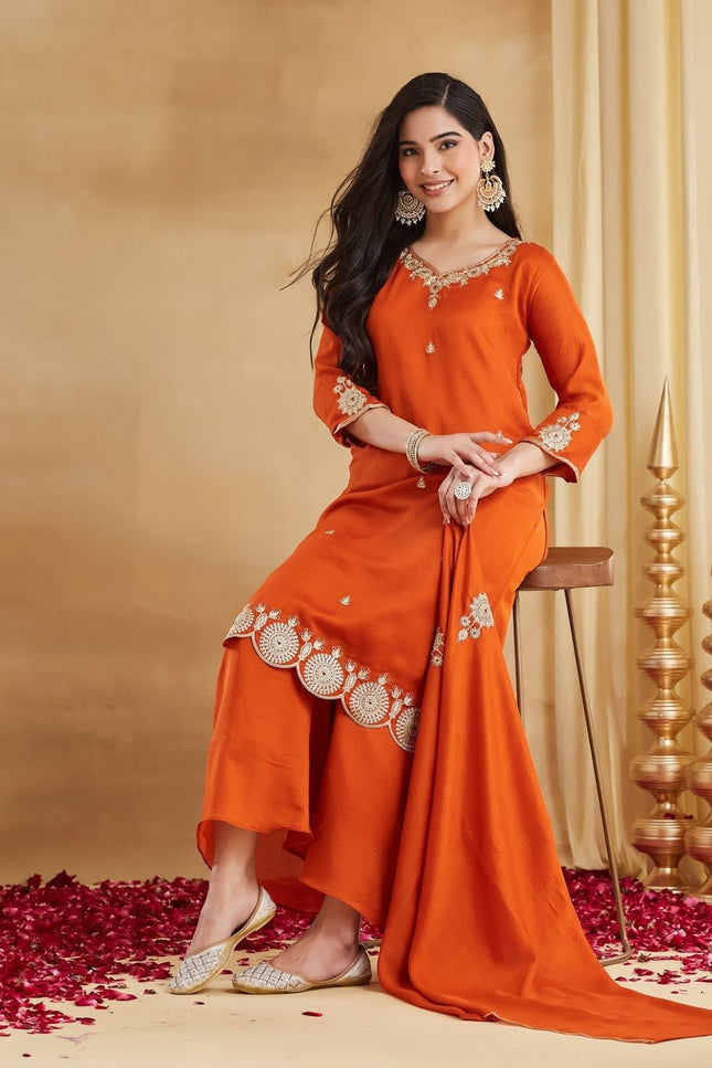 Vichitra Silk Top, Bottom & Dupatta Set - Rosepetals Luxe