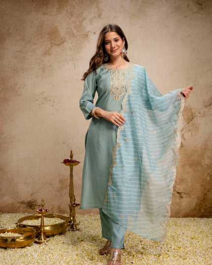 Viscose Chanderi Kurti Set | Sequence Embroidery | Pant & Organza Dupatta - Rosepetals Luxe