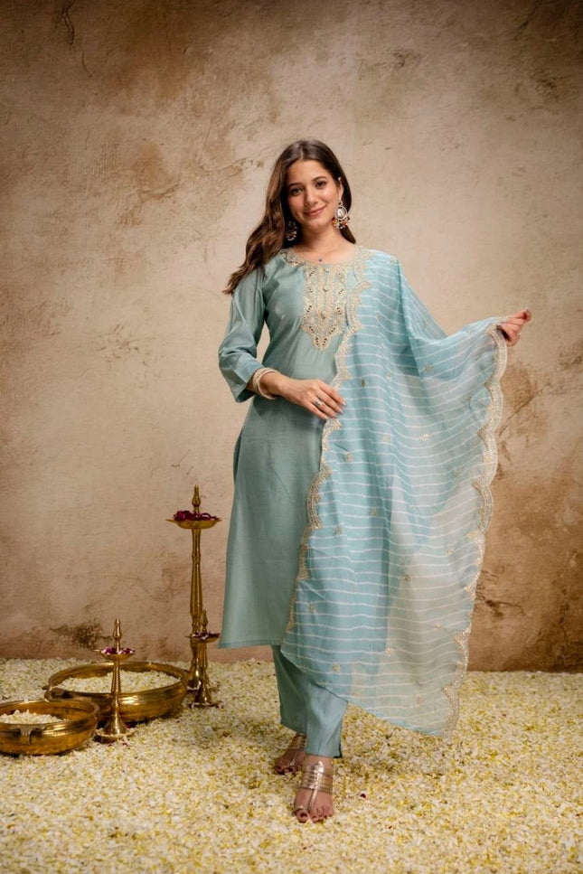 Viscose Chanderi Kurti Set | Sequence Embroidery | Pant & Organza Dupatta - Rosepetals Luxe