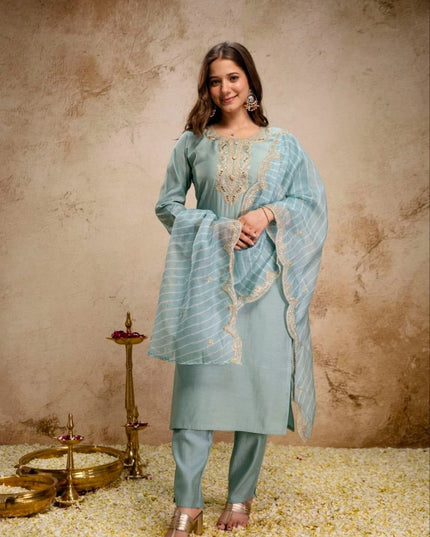 Viscose Chanderi Kurti Set | Sequence Embroidery | Pant & Organza Dupatta - Rosepetals Luxe