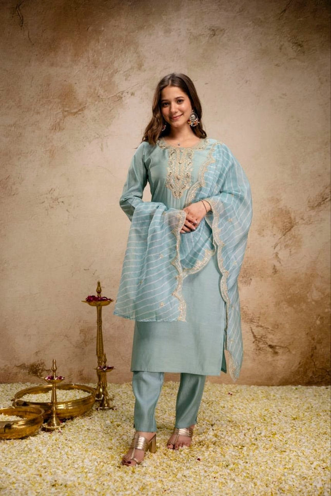 Viscose Chanderi Kurti Set | Sequence Embroidery | Pant & Organza Dupatta - Rosepetals Luxe