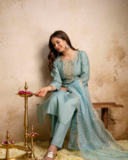 Viscose Chanderi Kurti Set | Sequence Embroidery | Pant & Organza Dupatta - Rosepetals Luxe
