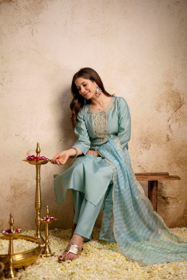Viscose Chanderi Kurti Set | Sequence Embroidery | Pant & Organza Dupatta - Rosepetals Luxe