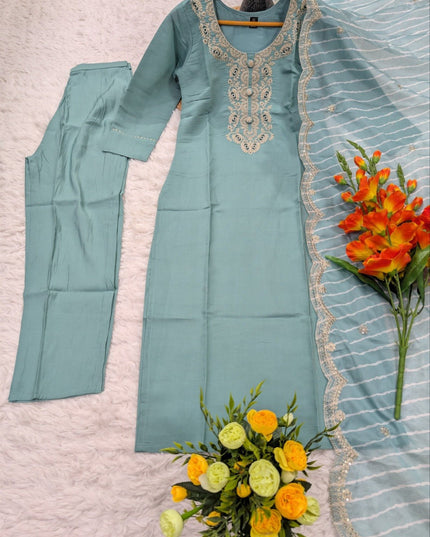 Viscose Chanderi Kurti Set | Sequence Embroidery | Pant & Organza Dupatta - Rosepetals Luxe
