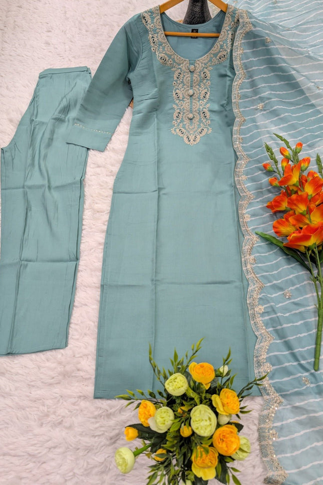 Viscose Chanderi Kurti Set | Sequence Embroidery | Pant & Organza Dupatta - Rosepetals Luxe