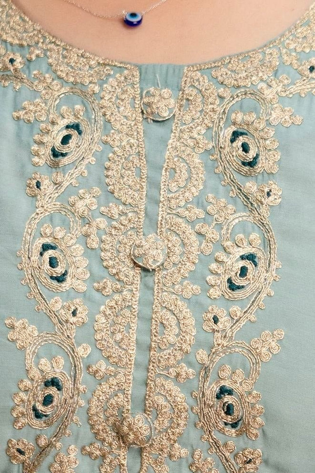 Viscose Chanderi Kurti Set | Sequence Embroidery | Pant & Organza Dupatta - Rosepetals Luxe