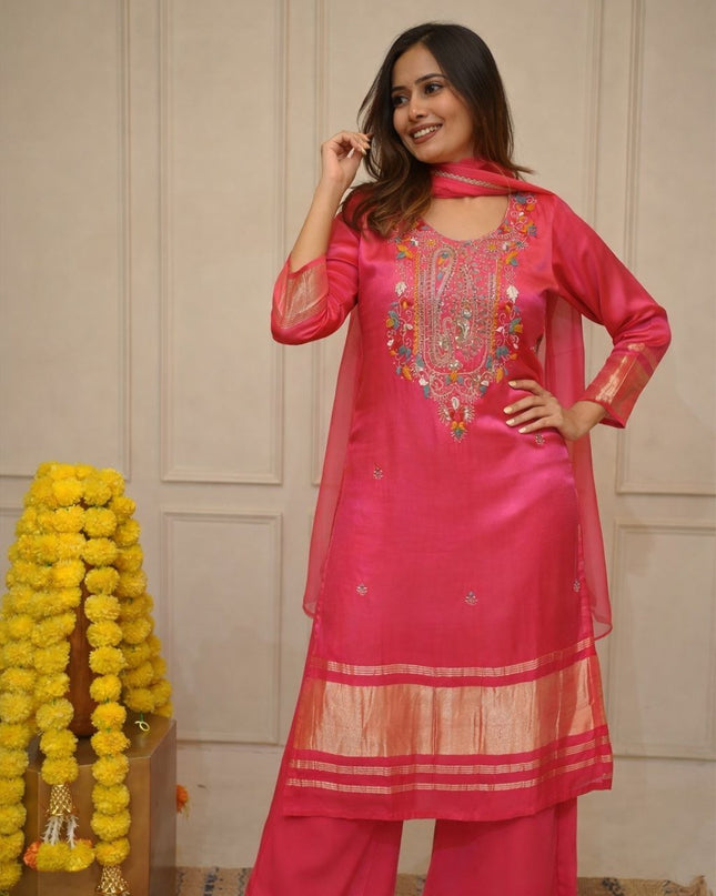 Viscose Kurti Pant Set with Chanderi Cotton Dupatta & Embroidery - Rosepetals Luxe