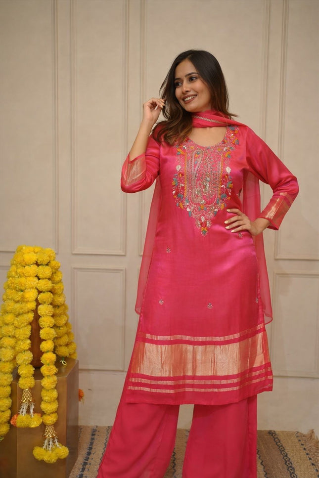 Viscose Kurti Pant Set with Chanderi Cotton Dupatta & Embroidery - Rosepetals Luxe
