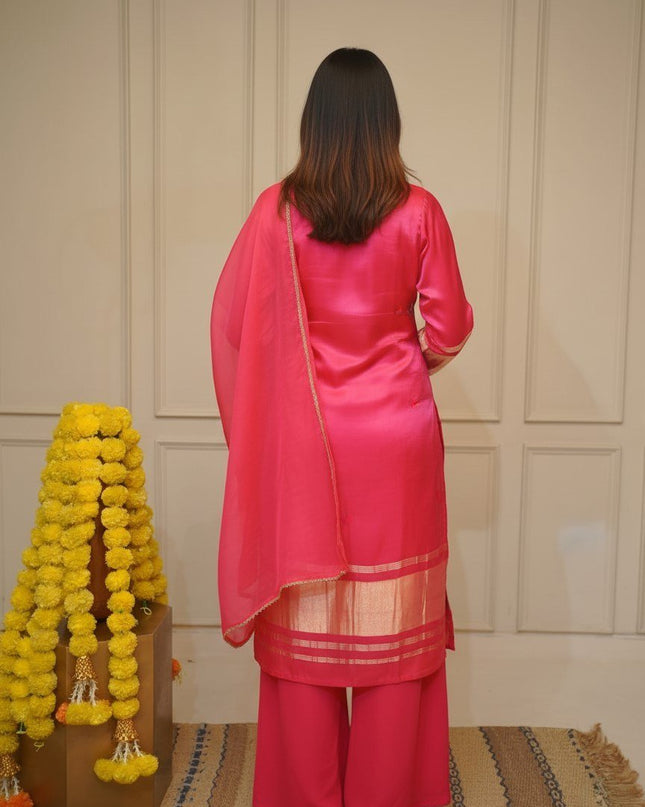 Viscose Kurti Pant Set with Chanderi Cotton Dupatta & Embroidery - Rosepetals Luxe