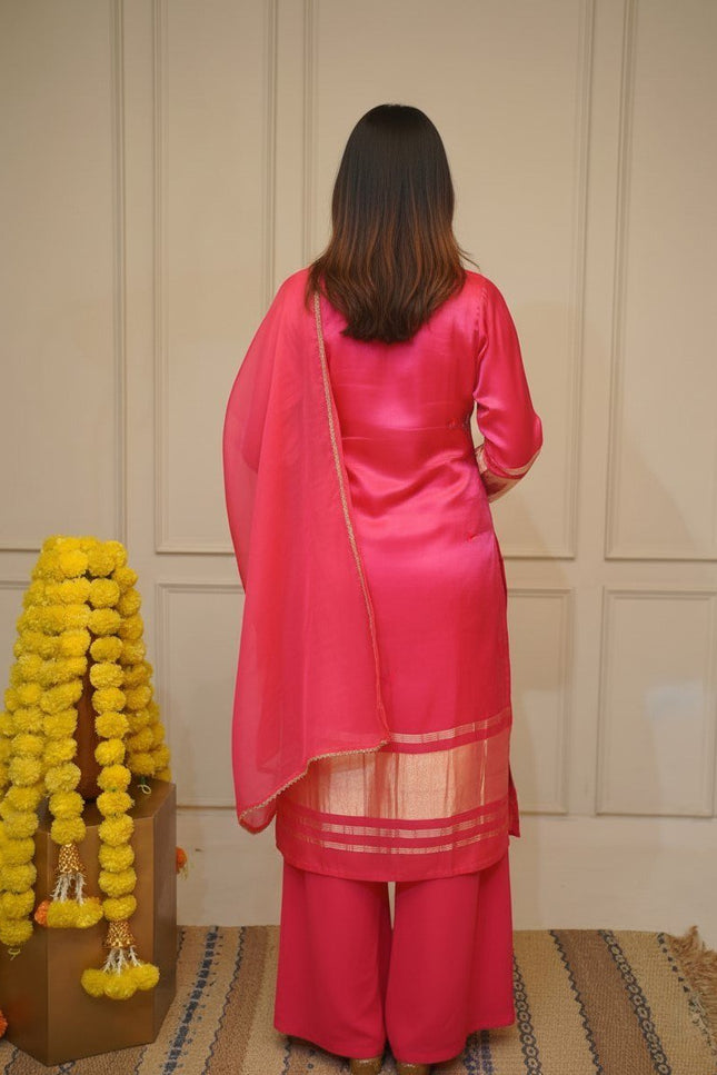 Viscose Kurti Pant Set with Chanderi Cotton Dupatta & Embroidery - Rosepetals Luxe