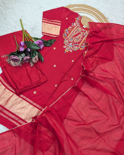 Viscose Kurti Pant Set with Chanderi Cotton Dupatta & Embroidery - Rosepetals Luxe