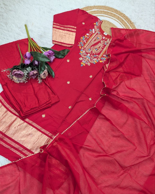 Viscose Kurti Pant Set with Chanderi Cotton Dupatta & Embroidery - Rosepetals Luxe
