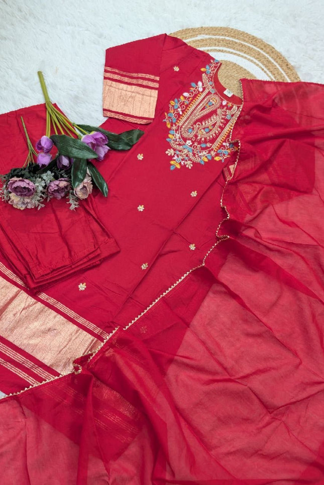 Viscose Kurti Pant Set with Chanderi Cotton Dupatta & Embroidery - Rosepetals Luxe