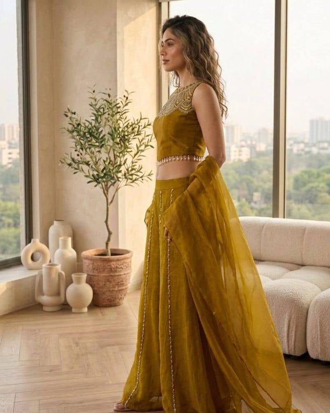 Viscose Satin Embroidered Top & Rangoli Crush Palazzo Set - Rosepetals Luxe