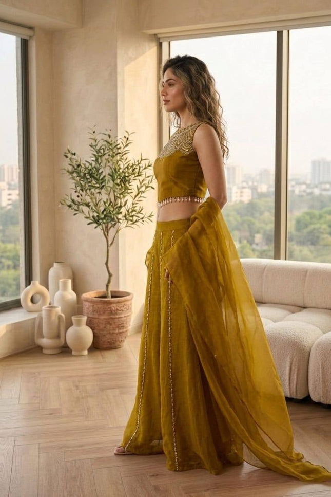 Viscose Satin Embroidered Top & Rangoli Crush Palazzo Set - Rosepetals Luxe