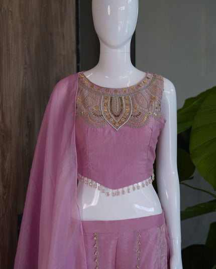 Viscose Satin Embroidered Top & Rangoli Crush Palazzo Set - Rosepetals Luxe