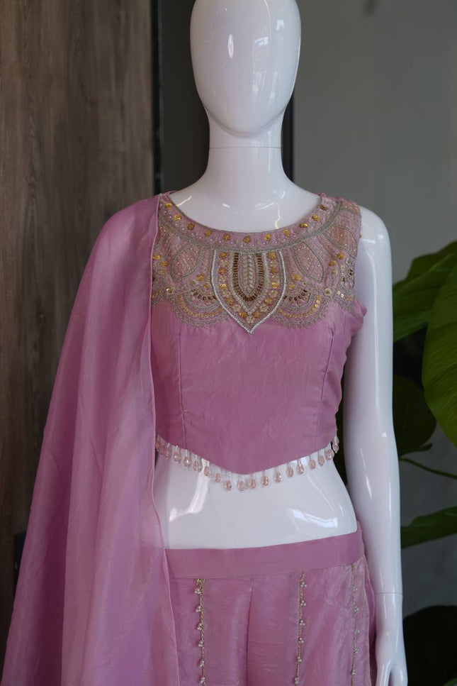 Viscose Satin Embroidered Top & Rangoli Crush Palazzo Set - Rosepetals Luxe