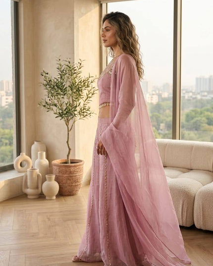Viscose Satin Embroidered Top & Rangoli Crush Palazzo Set - Rosepetals Luxe