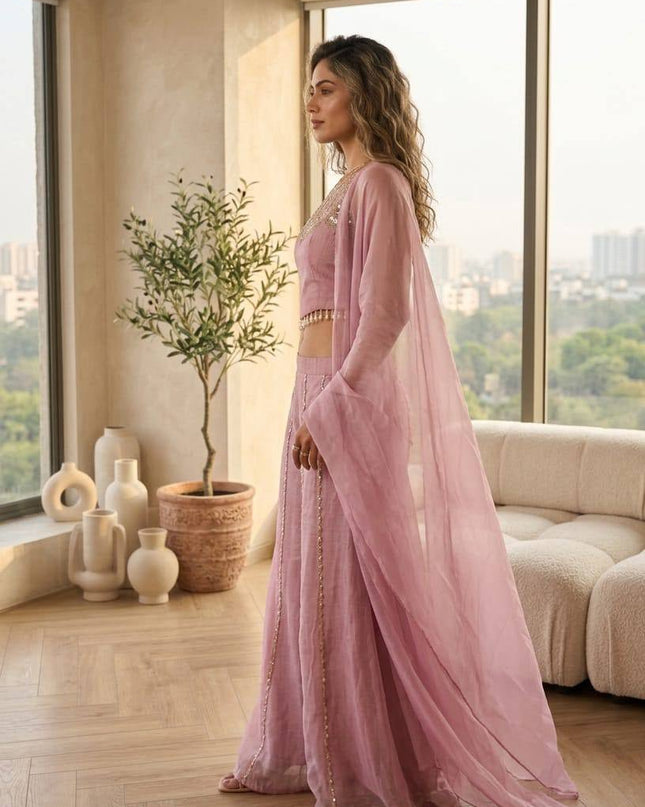 Viscose Satin Embroidered Top & Rangoli Crush Palazzo Set - Rosepetals Luxe