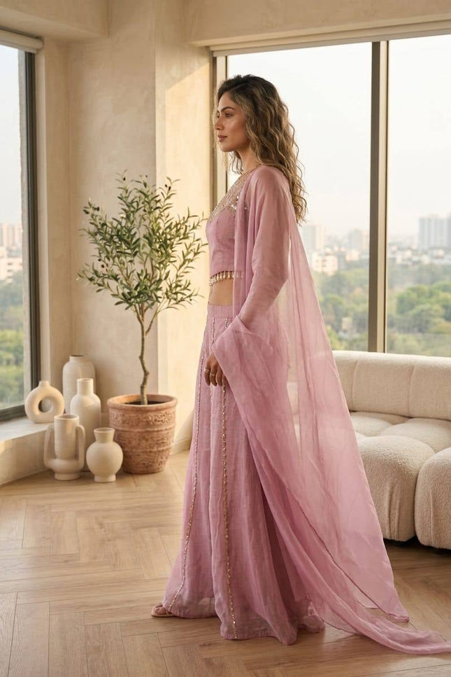 Viscose Satin Embroidered Top & Rangoli Crush Palazzo Set - Rosepetals Luxe