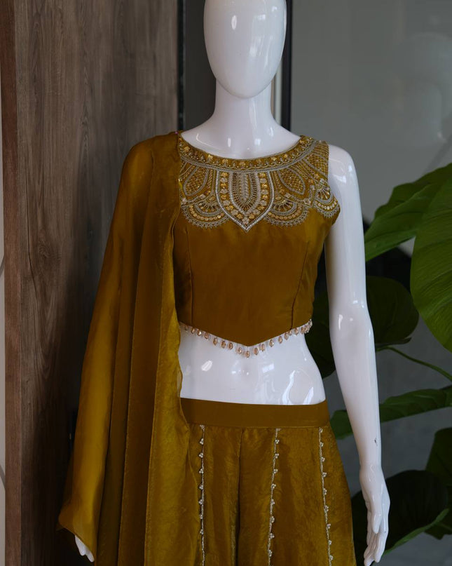 Viscose Satin Embroidered Top & Rangoli Crush Palazzo Set - Rosepetals Luxe