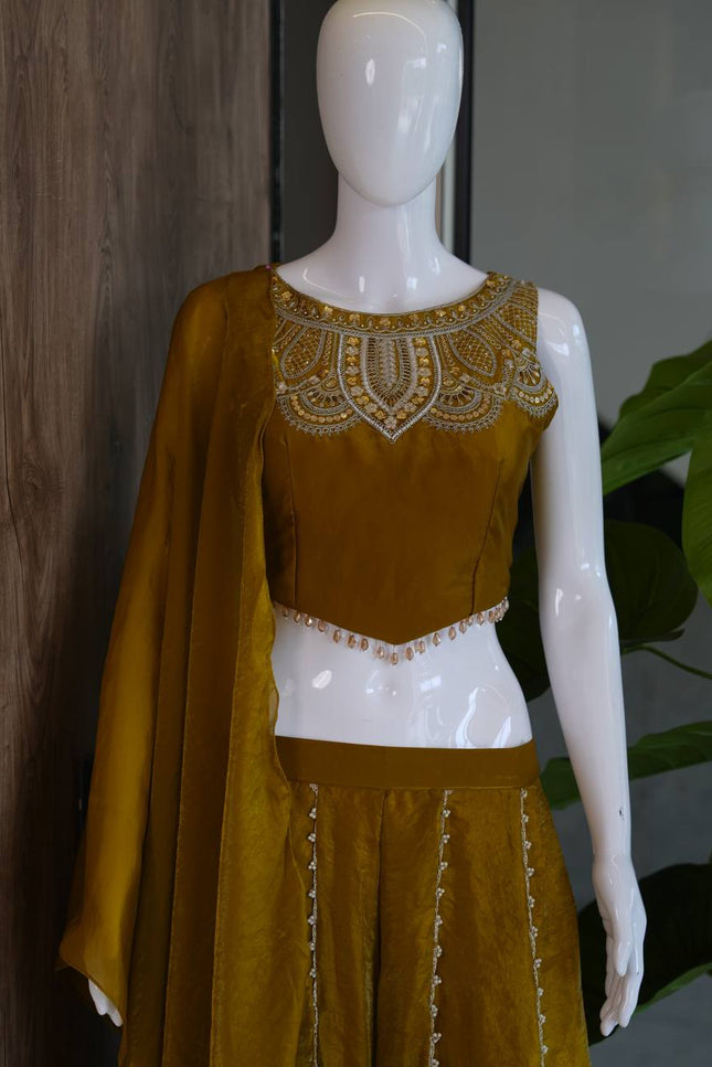 Viscose Satin Embroidered Top & Rangoli Crush Palazzo Set - Rosepetals Luxe
