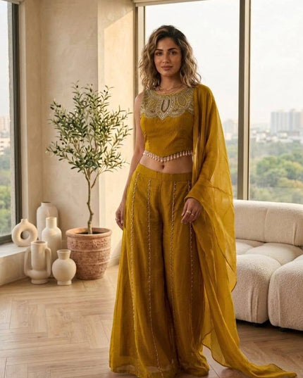 Viscose Satin Embroidered Top & Rangoli Crush Palazzo Set - Rosepetals Luxe