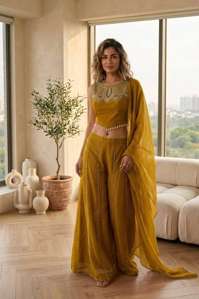 Viscose Satin Embroidered Top & Rangoli Crush Palazzo Set - Rosepetals Luxe